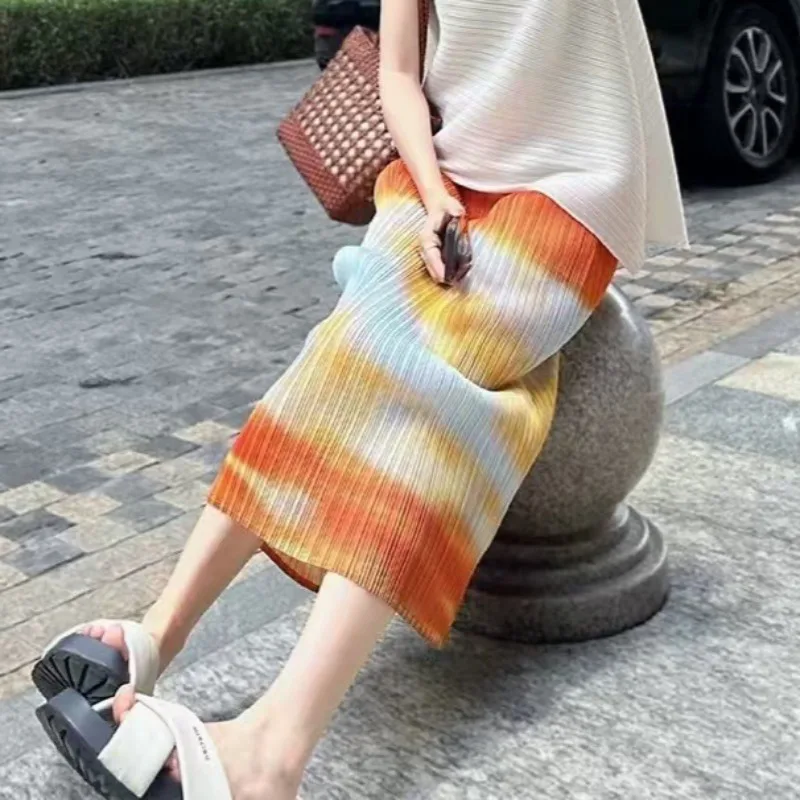 Miyake Pleated Skirt 2026 Summer New Simple Casual Elegant Fashion Printed Draped Vacation Beach Women's Slit Fold Long Skirt