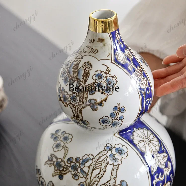 A4567New Chinese style happy twisted flowers hand-painted underglaze ceramic gourd flower utensils, art ornaments for gifts