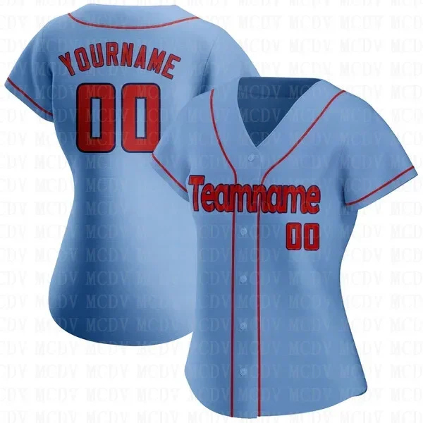 Custom Light Blue White-Red Authentic Baseball Jersey Personlized Football Short Sleeves Athletic Tee Shirts Unisex Top