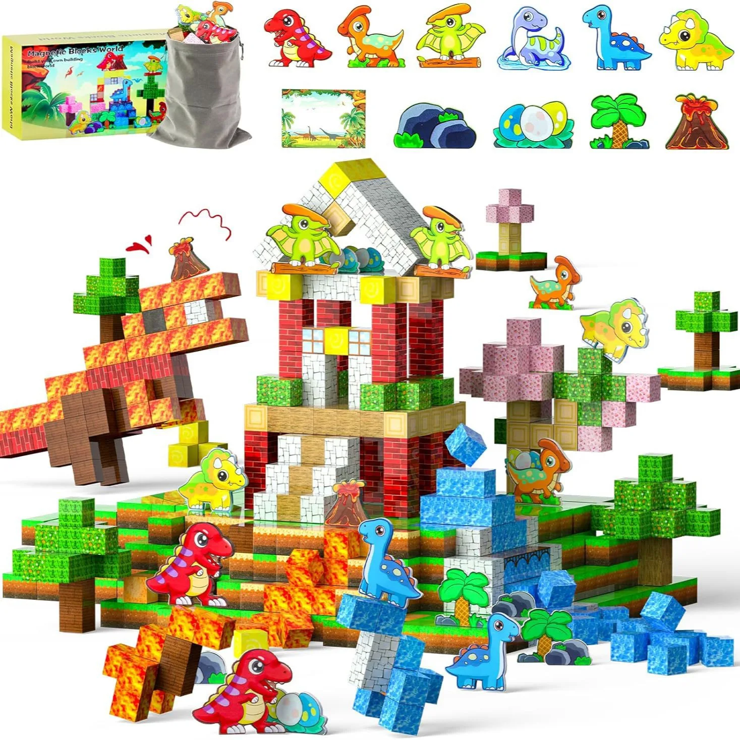 Conjunto de telhas magnéticas do parque de dinossauros-brinquedos de aprendizagem de haste para crianças, blocos de construção montessori brinquedo educacional de montagem diy