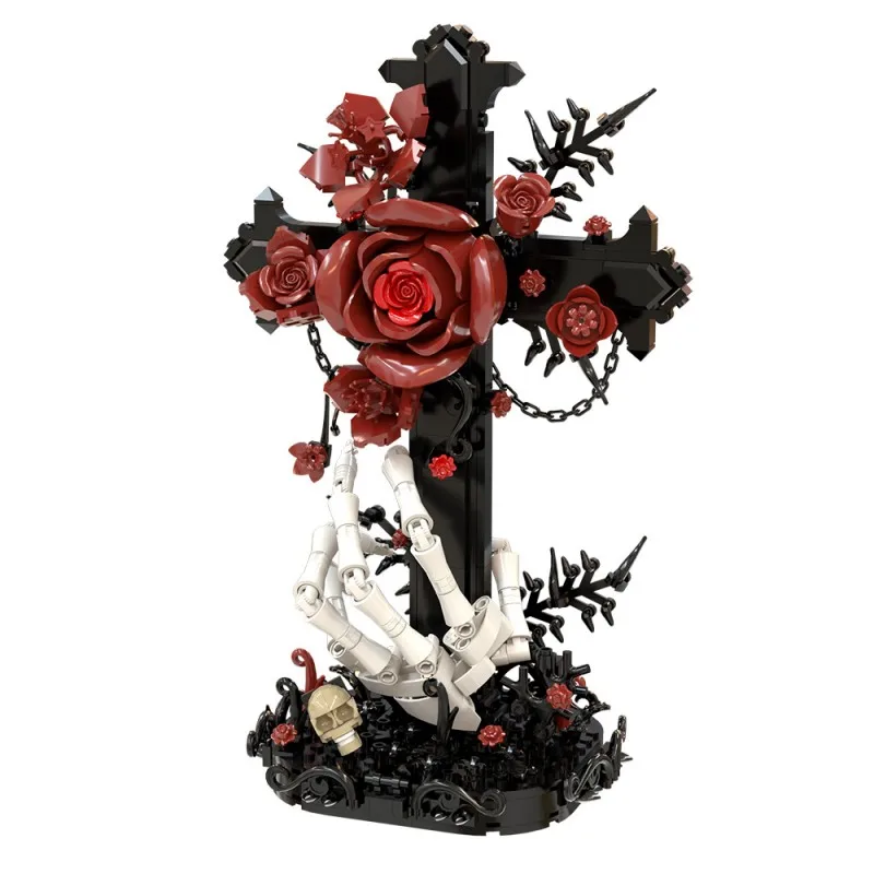 MOC Gothic Skull Rose Cross Bouquet Building Blocks Macabre Home Decor Diorama Construction Set Adults Fun Display Gift Kid Toy