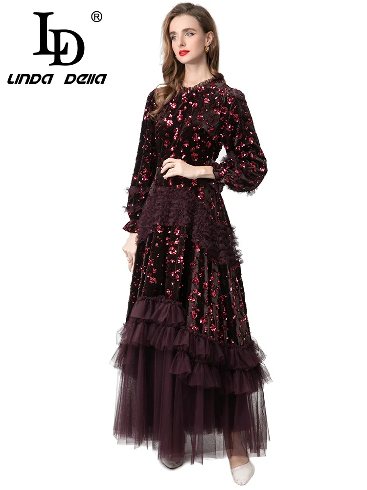 LD LINDA DELL شبكة شفافة مستديرة الرقبة طويلة الأكمام فستان مأدبة مثير المخملية النسيج زهرة الربط فساتين راقية