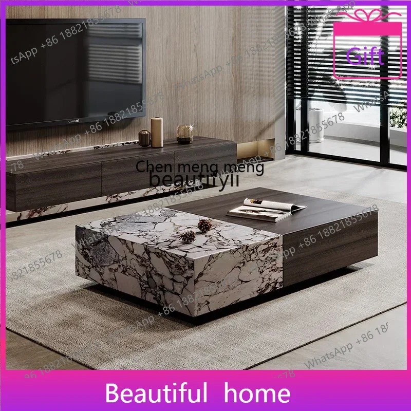 

zq1Smoked color rectangular solid wood rock slab coffee table Italian storage living room household tea table