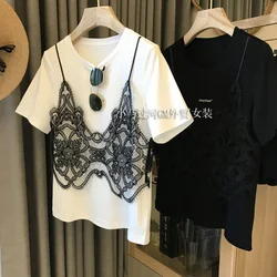 2024 Summer New Short Sleeve T-shirt Women Lace Sling Stitching Fake Two-piece Tshirt Loose Round Neck Chic Design T-shirt