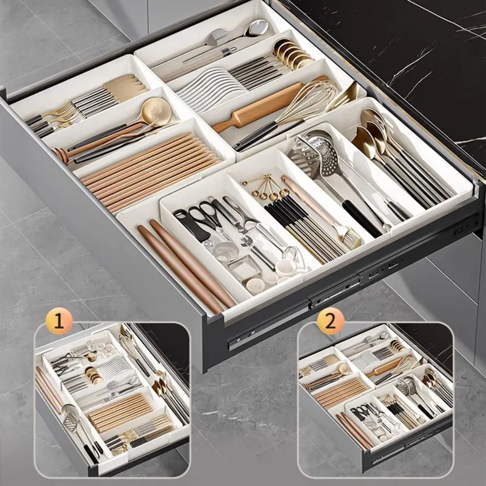 Telescopic Drawer Storage Box Capacity Drawer Box Expandable Telescopic Tableware Storage Box with Multi Compartments for Forks