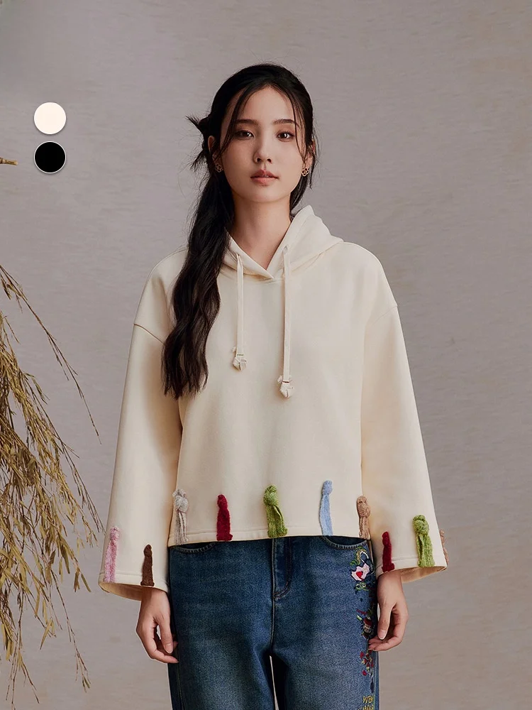 

Свободная повседневная толстовка с капюшоном для женщин, простой стиль, длинный рукав, романтический художественный стиль, смесь полиэстера и хлопка