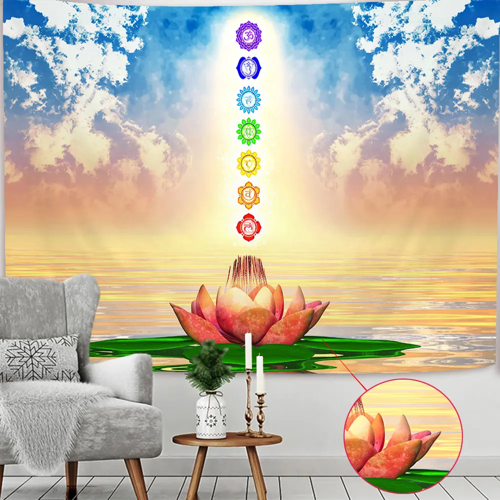 Indian Buddha Statue Meditation 7 Chakra Tapestry Hanging Psychedelic Mandala Tapestries Wall Cloth Yoga Mat Boho Home Decor