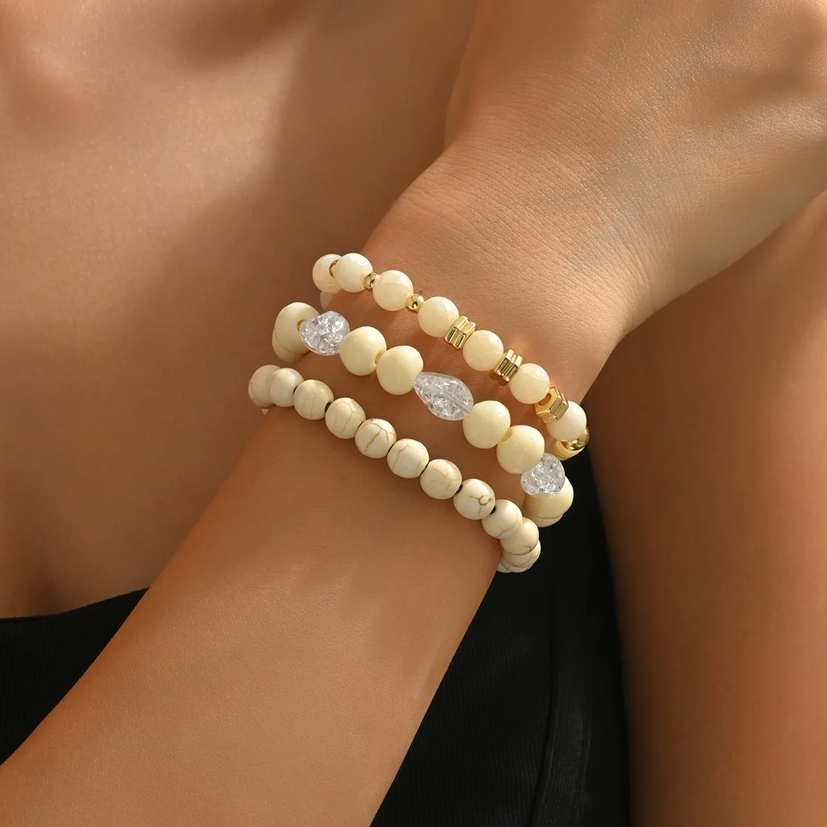 

Simple acrylic multi-layer stacked bracelet set with white turquoise & crystal beads.