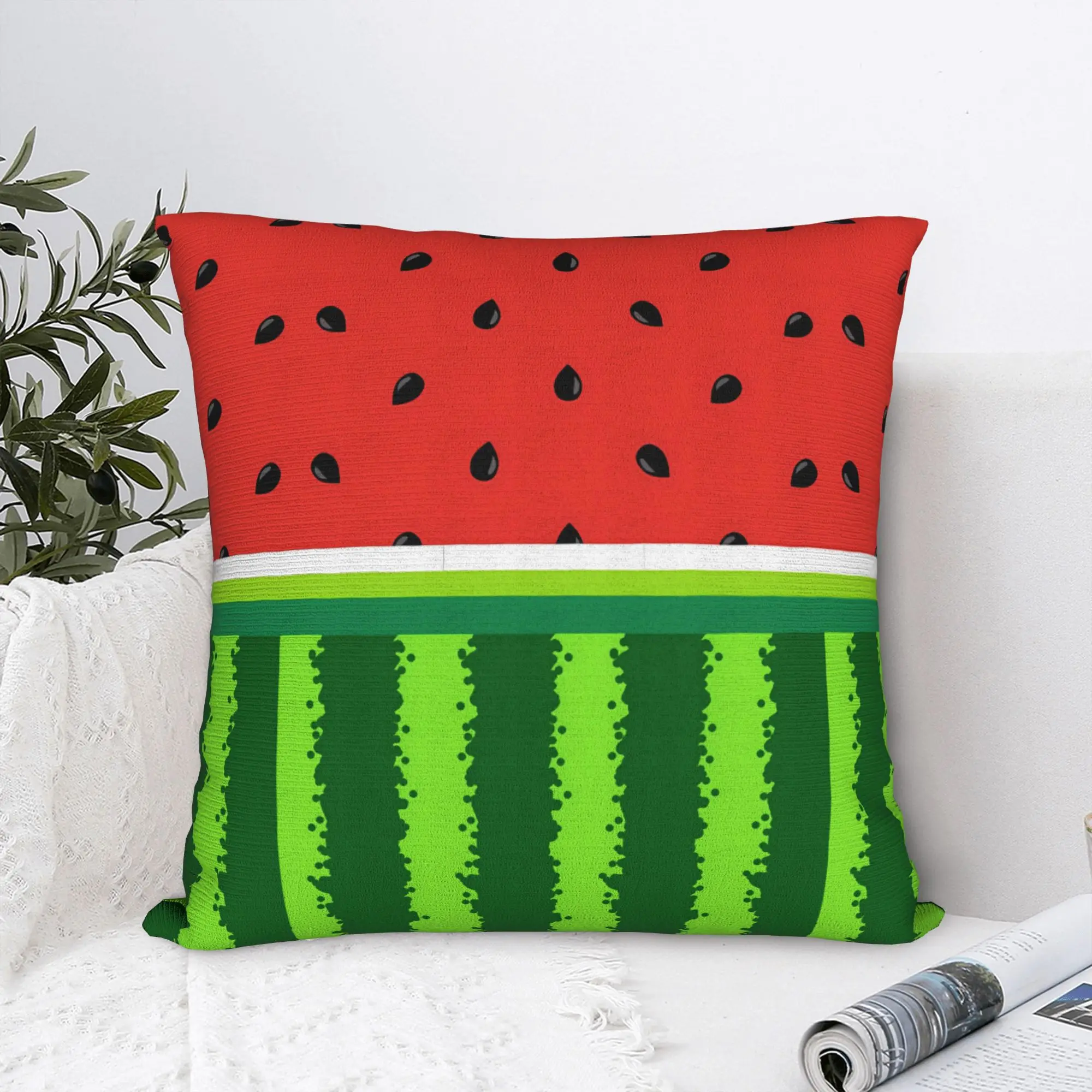 1pc 2D Flat Pillow Not Included Watermelon Slice Red Green Stripes Cushion Cover Short Plush Summer Fruit Decor Gift Case