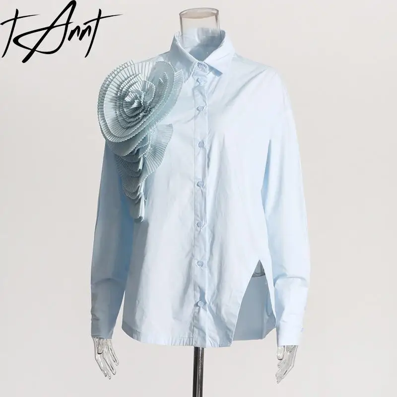 

Tannt Women Shirt Flowers Patchwork Asymmetry Long Sleeves Casual Shirts Blouses Irregular Blue Purple Loose Blouses Tops 2024