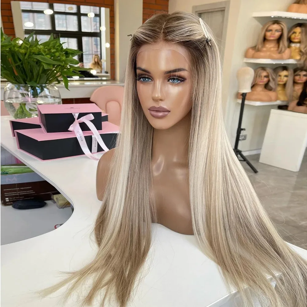 

Luxury Balayage Highlight Full Lace Wigs Light Ash Blonde Roots 100% Human Hair Swiss HD 13x6 Lace Frontal Glueless Wig 150%