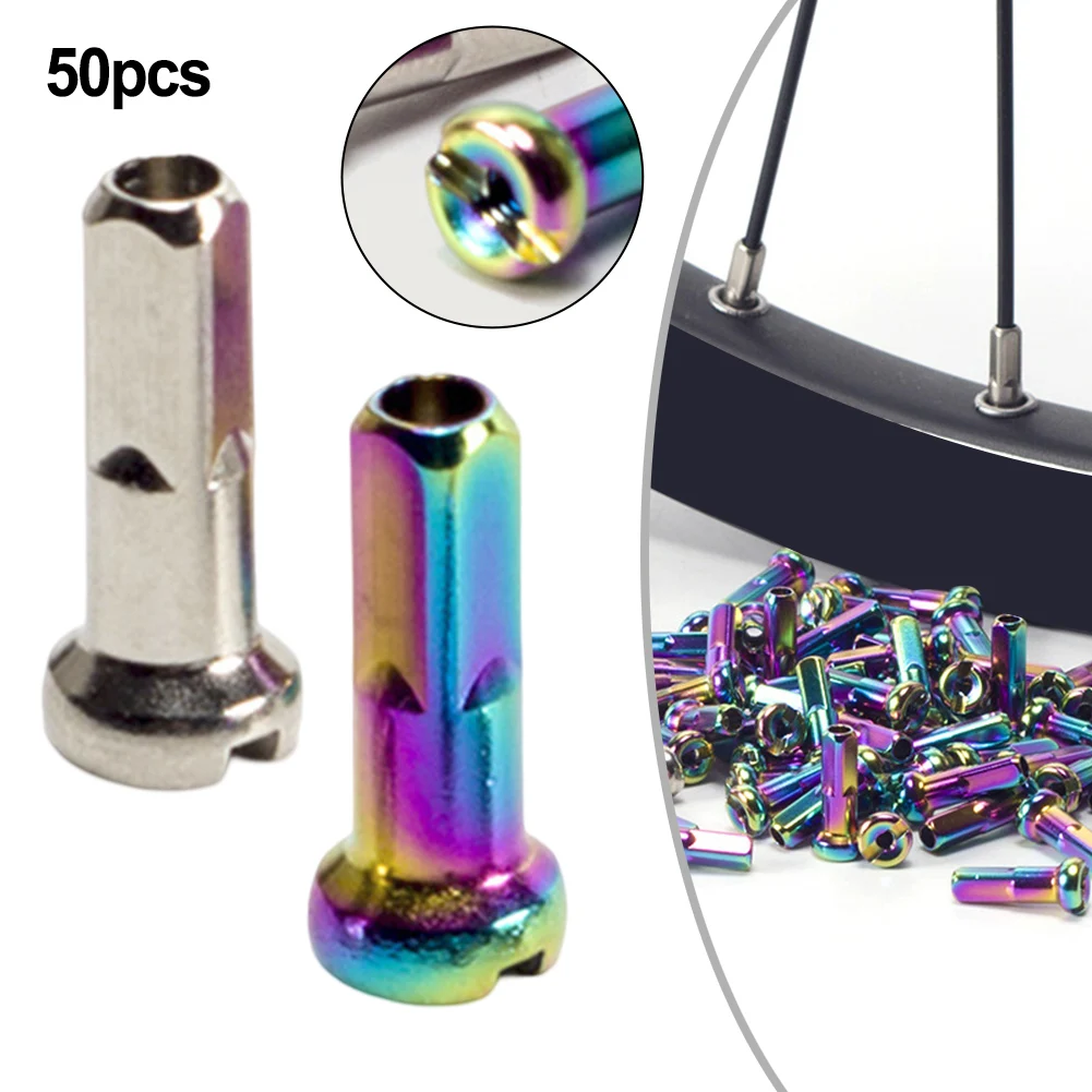 50pcs Bike Brass Spoke Nipples-Caps Head End Tip 14G 2.0mm*14mm Silver Rainbow-Oil Slick For Road Mountain Bicycle