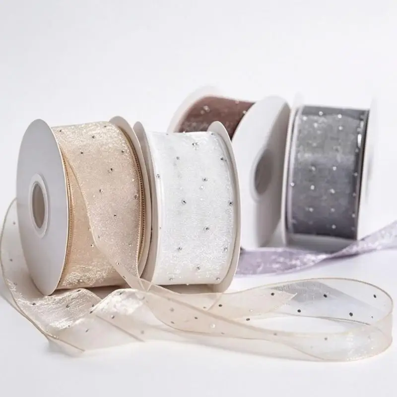 31BB Decorative Rhinestones Ribbon 10Yard with Sheer Mesh, 4CM Mesh Ribbon for Gift Wrapping, Party Decors, Bows and Sewing