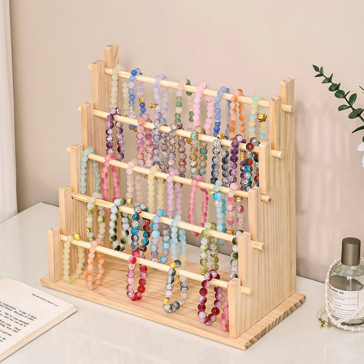 1pc Multi-Functional Wooden Bracelet Tiered Display Stand Head Hairband Jewelry Hanging Rack Bracelet Display Prop Festive Gift