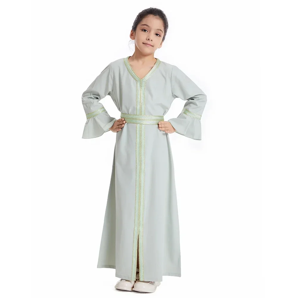 Muslim Girls Long Dress Ramadan Abaya Children Long Sleeve Kaftan Gown Arab Prayer Robe Turkish Kids Djellaba Islamic Clothing