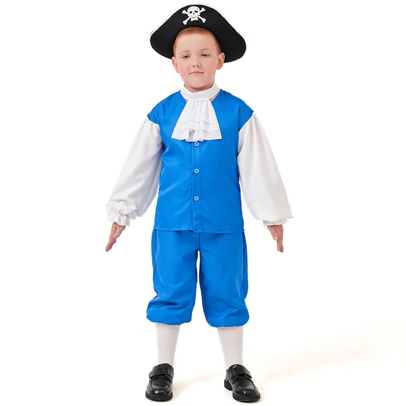 Kids Boy Pirate Jack Captain Cosplay Costume Halloween Medieval Navigator Children Blue First Mate Sailor Dress-Up Party Costume