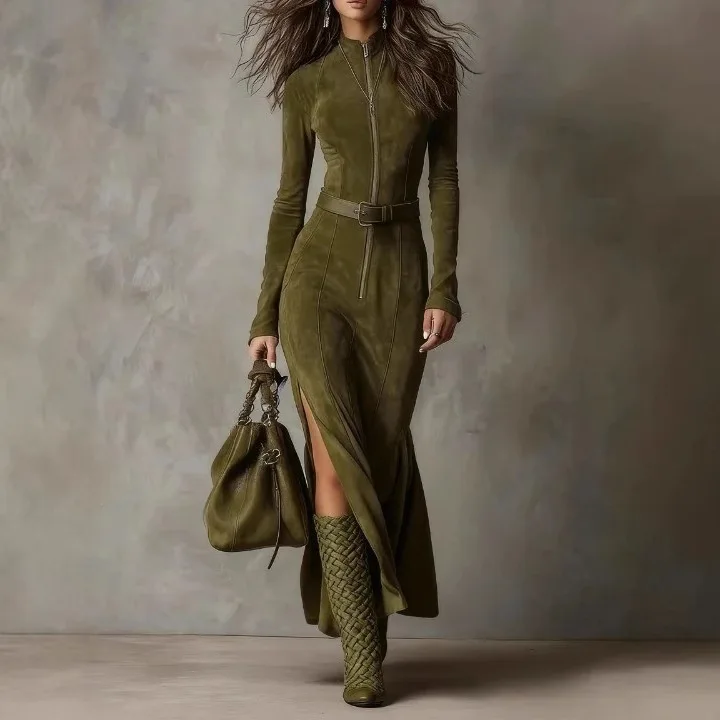 فستان عتيق بياقة واقفة للنساء لخريف وشتاء 2025 فساتين ماكسي ضيقة بأكمام طويلة أنيقة