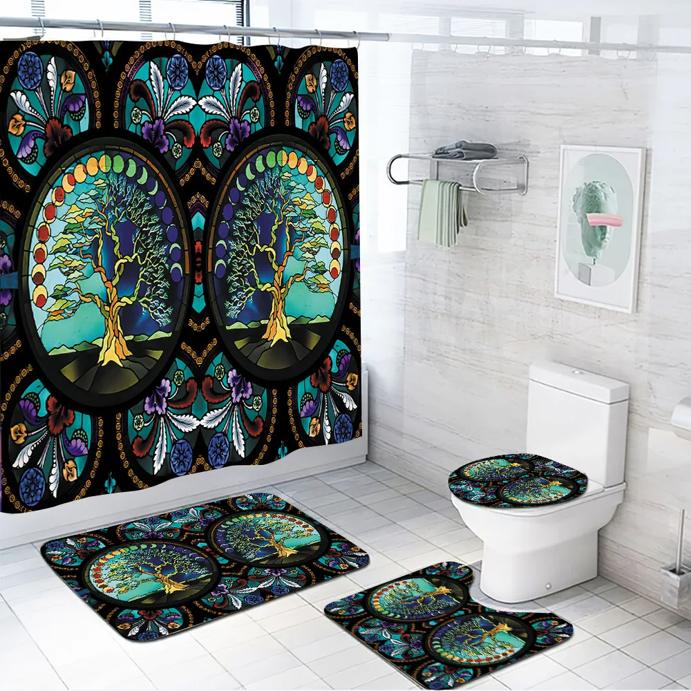 

Fantasy Geometric Print Shower Curtain set Non-Slip Rugs Toilet Cover Bath Mat Butterfly Mandala Boho Waterproof Bath Curtains