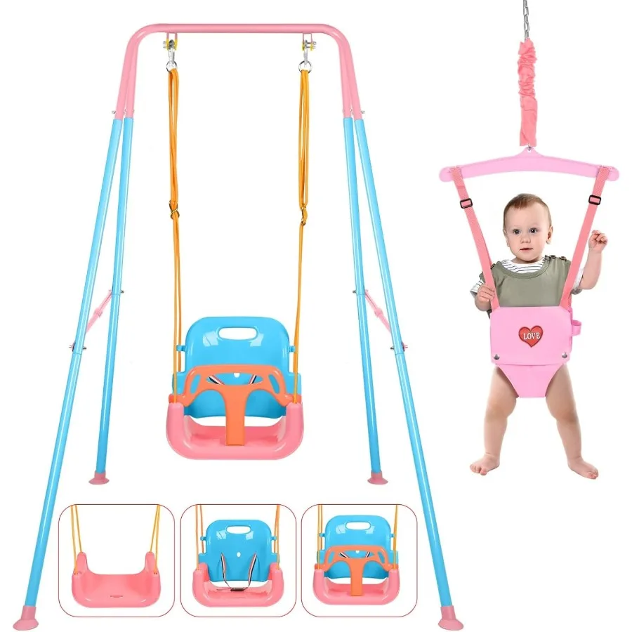 Juego de columpio 4 en 1 para niños pequeños y jersey para bebé, columpio resistente con soporte de Metal plegable para interior y exterior, fácil instalación
