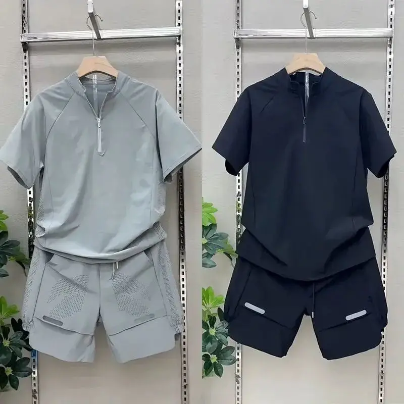 Men's 2026 Ice Silk Stand Collar Half-Zip T-Shirt & Long Pants Set Breathable 2-Piece Casual Sports Outfit