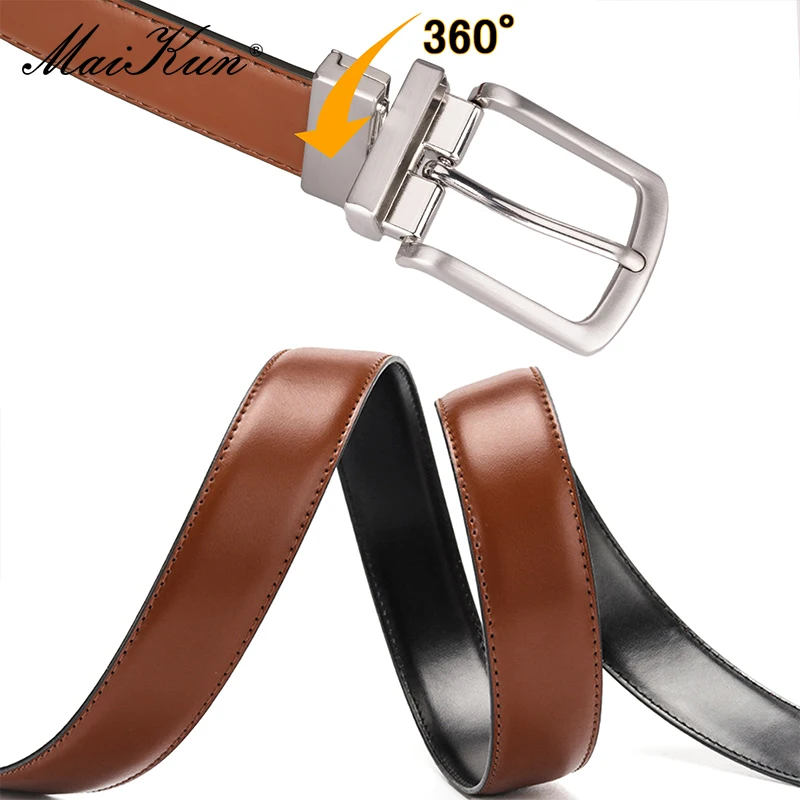 Maikun Genuine Leather Men\'s Belt Rotatable Pin Buckle Belt Buckle Double Sided Casual Belt For Jeans For Suits