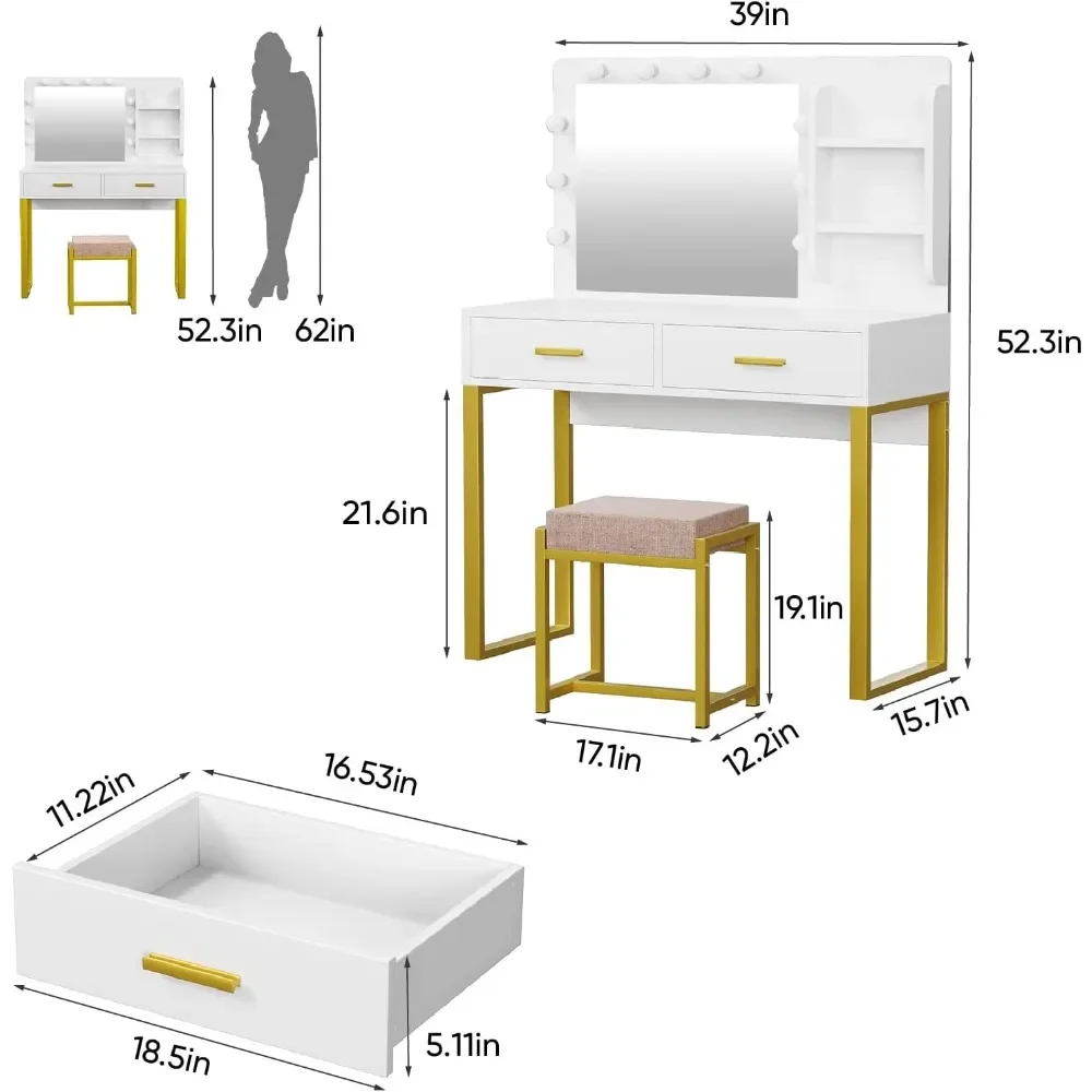 Kaptafel Met Spiegel En 10 Led-Verlichting, 39.4 "W Make-Up Bureau Met 2 Grote Laden En Zijplanken Voor Opslag, Meisjesdressing