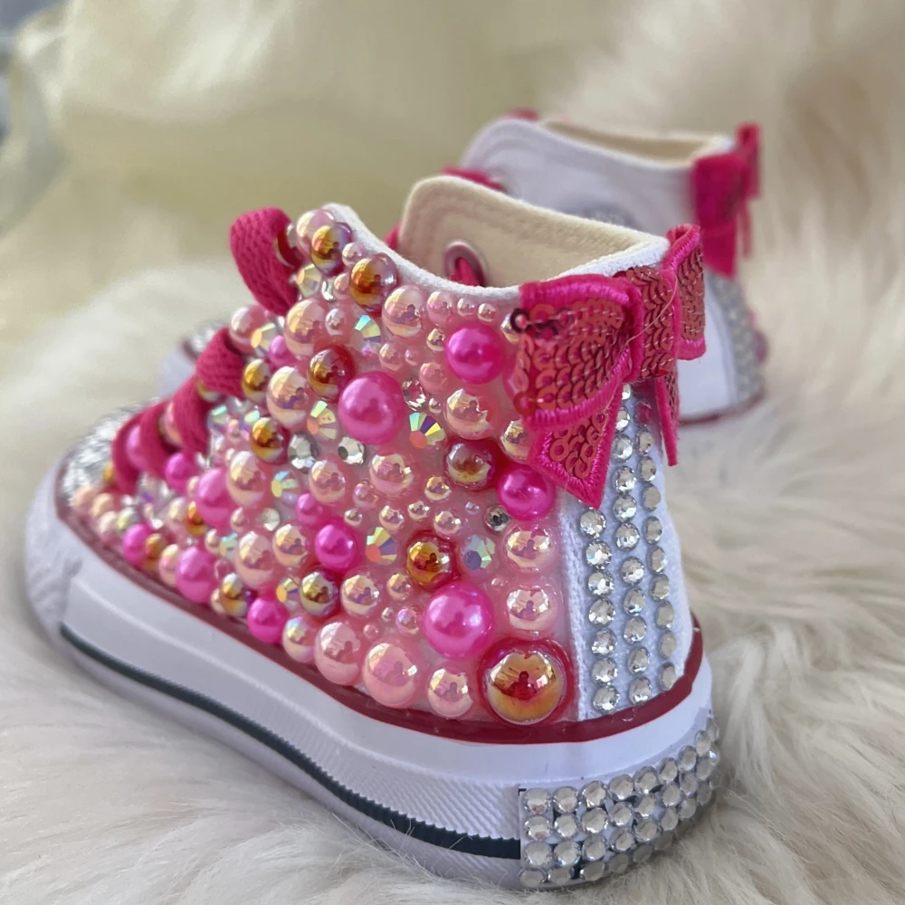 Dollbling Pink Doll Party Theme Trainers Pearly Crystals Canvas Sneakers Hot pink Gold Girl Personalized Sparkle Fashion Shoes