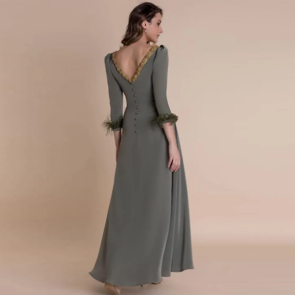 Elegant Asymmetrical Evening Dresses Gold Crystal Detail Prom Gown with Feather Sleeve V Cut Back A Line Satin Formal Outfits