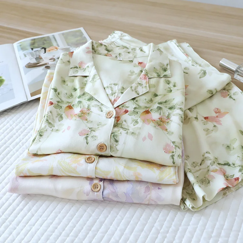 High Quality Women's Pajama Set Gongsatin 2025 Spring/Summer Women's Pajama Silk 100% Viscose Fiber Silk Smooth Home 2-Piece