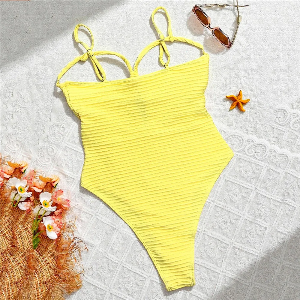 الصلبة الأصفر مضلع ملابس السباحة مثير البطن تحكم ملابس السباحة قطعة واحدة امرأة 2026 الجوف خارج الاستحمام لباس سباحة ارتداء Monokini #2