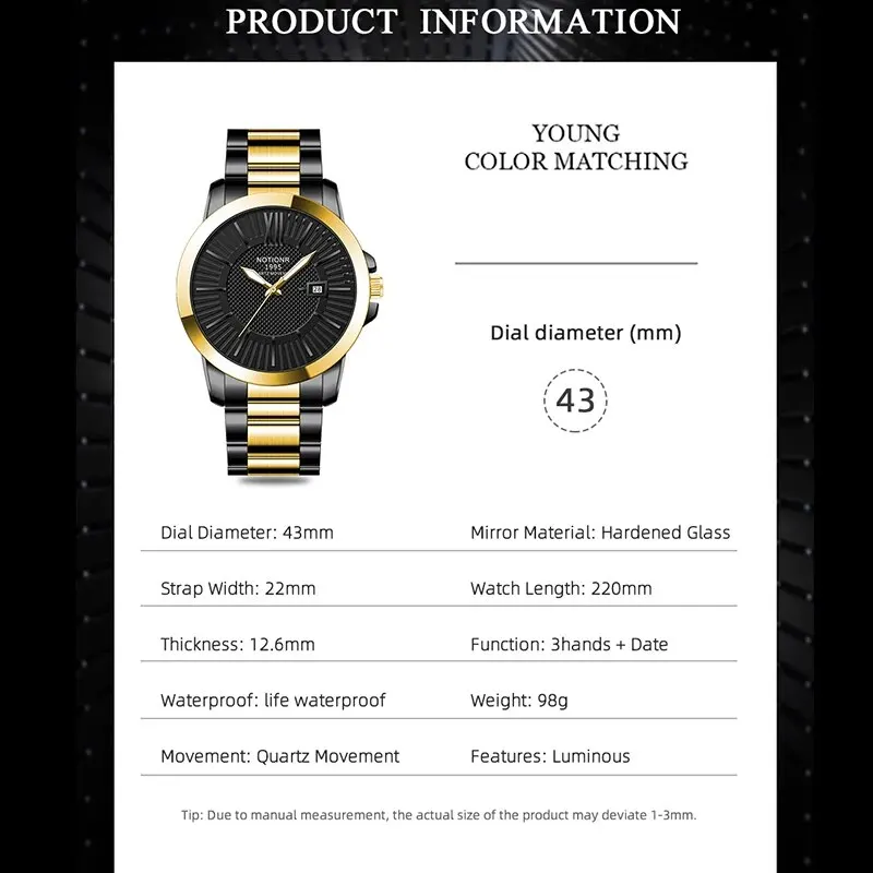 NOTIONR Fashion Mens Gold Stainless Steel Watches Luxury Quartz Wrist Watch Men Business Casual Calendar Watch Luminous Clock