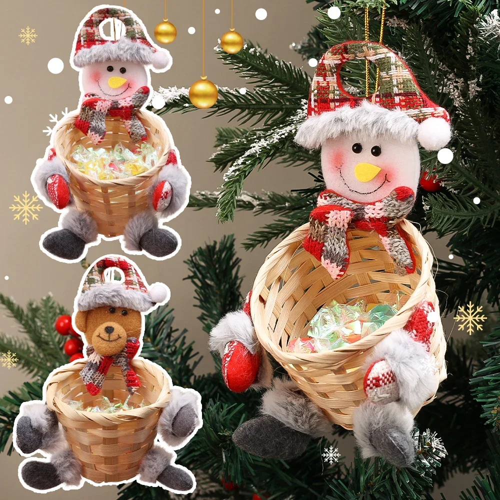 Bamboo Weaving Christmas Candy Basket Snowman Elk Chocolates Candy Bisuits Storage Basket Xmas Table Decor Children Gifts Boxes