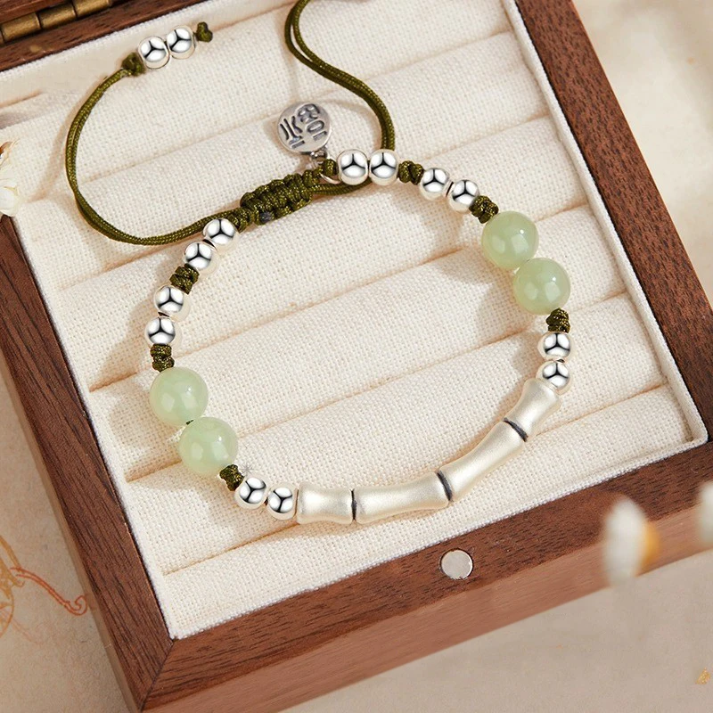 HESHI 999 Silver Bamboo Nodes Jade Beads Handmade Weaving Bracelet Adjustable Opening Men Women Blessing