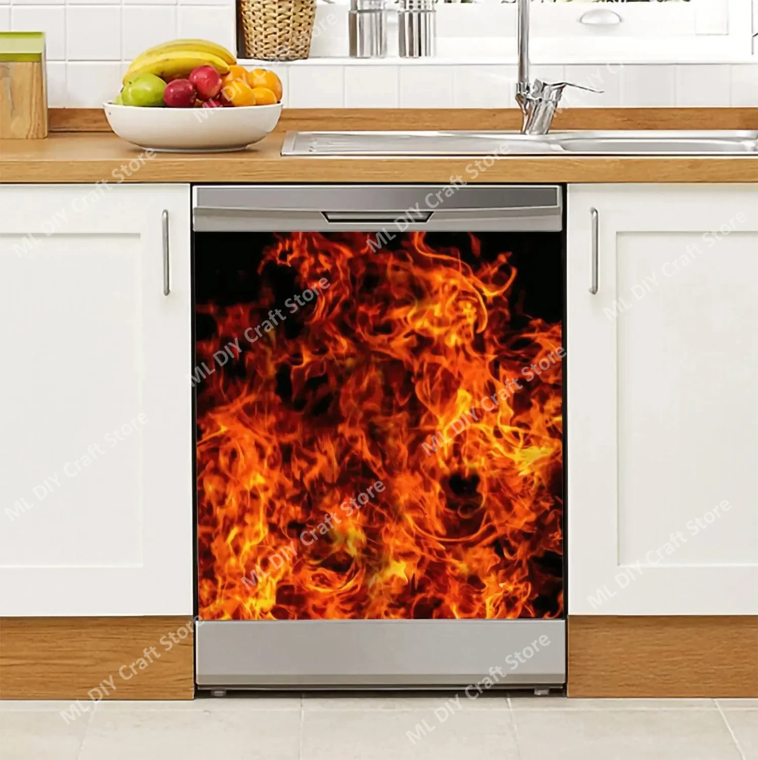 Village Creative Fireplace Dishwasher Full Door Cover Sticker Kitchen Dishwasher Front Cover Flame Panel Dishwasher Sticker