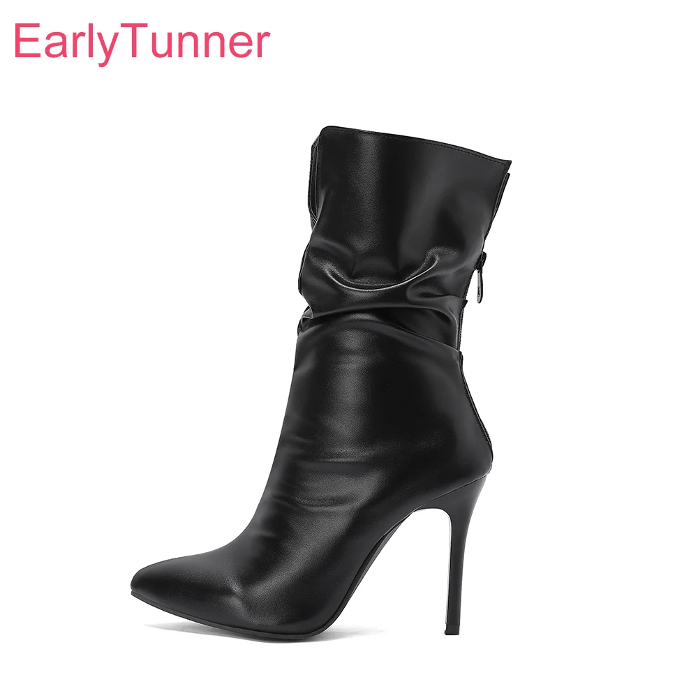 

2025 Новые зимние женские ботинки до середины икры для взрослых, черные, желтые, женские модельные туфли на высоком каблуке с острым носком, большие размеры 12, 43 45, 48