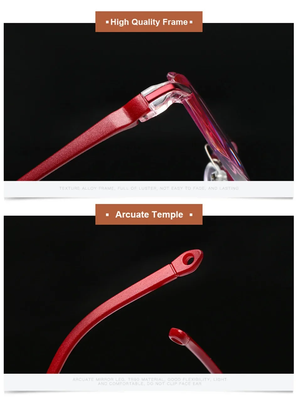 Schneiden Lesebrille Presbyopie Rahmen Frauen Männer Oval Randlose Ultraleicht Anti Blau Licht Computer Brillen +1 +1.5 +2 +2,5 – Detail 9