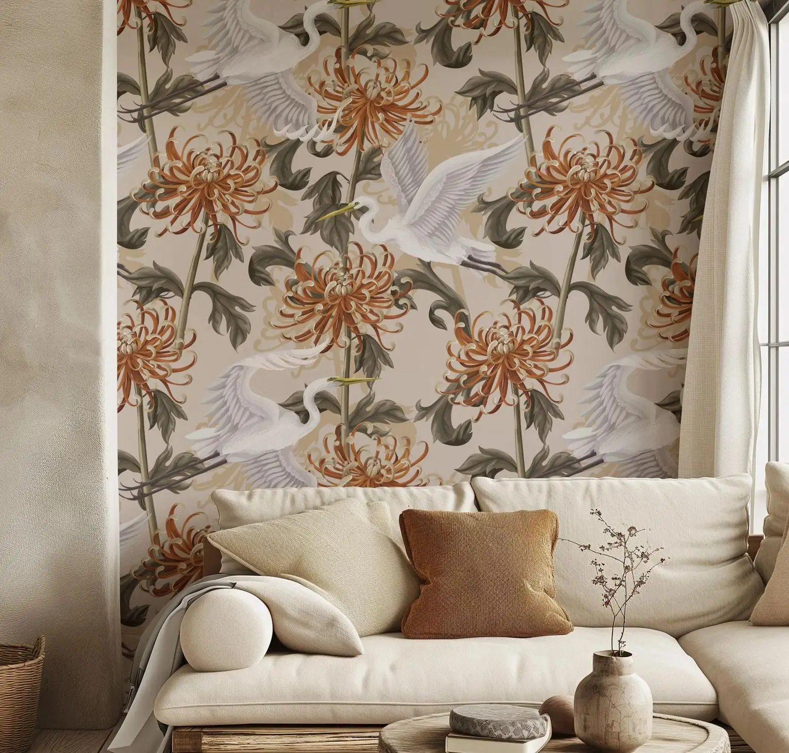 Elegant Cranes Botanical Wallpaper, Nature Beige Background Floral Peel and Stick Wall Art Room Decor.Self-adhesive Or Tradition