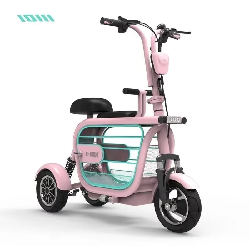 2 Seats Parent Child Three Wheels Electric Scooter Family Adult Pink/ White With Pet Basket 480W Mini Elderly Electric Tricycle