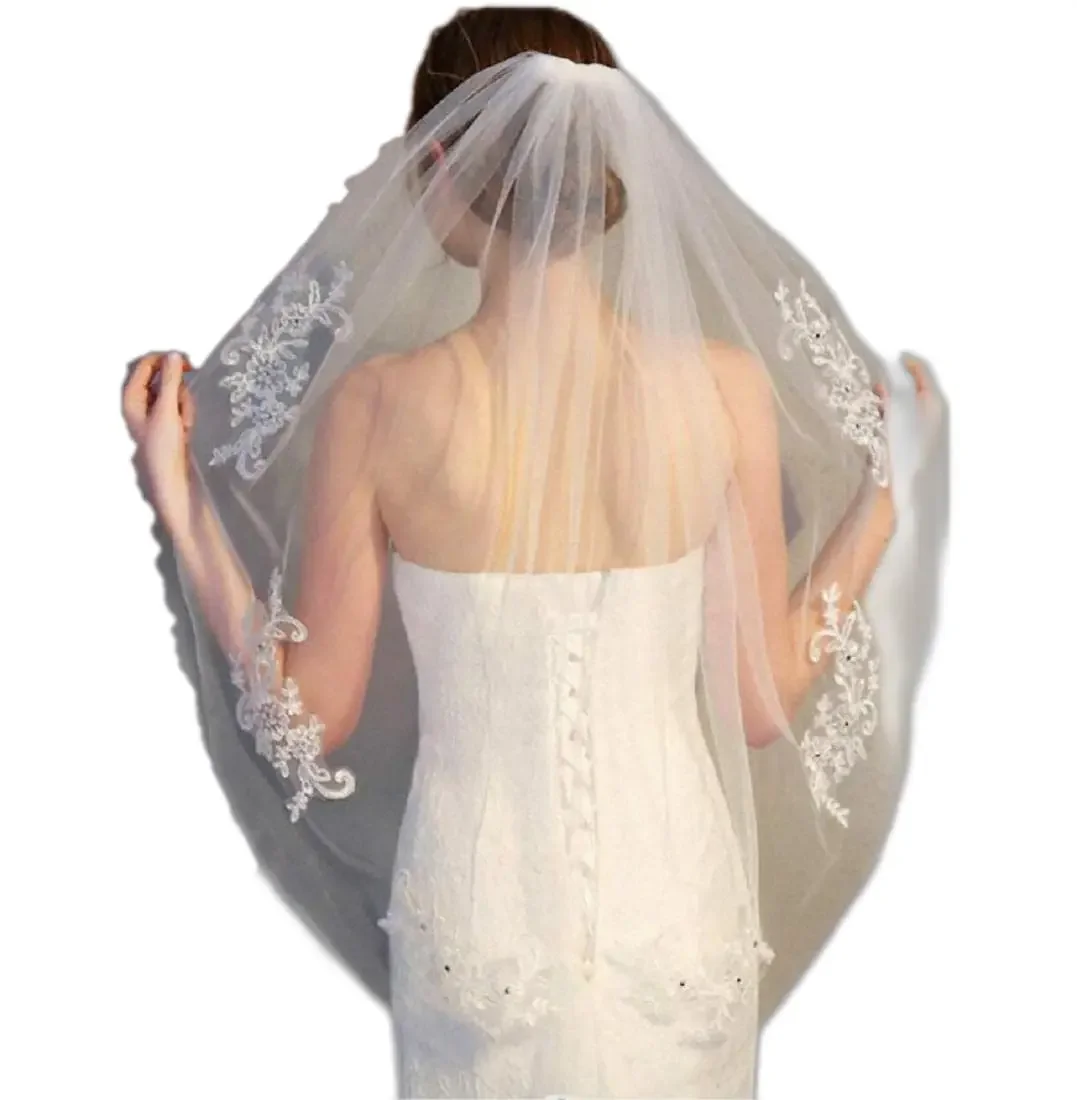 Voile de mariage en tulle perlé cristal avec peigne, appliques en dentelle à 1 niveau, patients