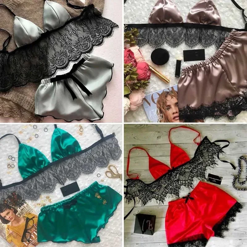 Set Piyama Wanita Baru Pakaian Dalam Lingerie Seksi Piyama Satin Sutra Atasan Crop Bra + Set Celana Pendek Pakaian Tidur Tanpa Lengan Leher V Seksi