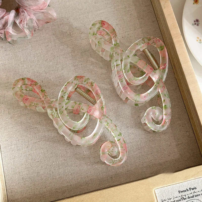 Pinces à cheveux grandes barrettes style coréen à motif floral et notes de musique, forte tenue pour queue de cheval, accessoires capillaires