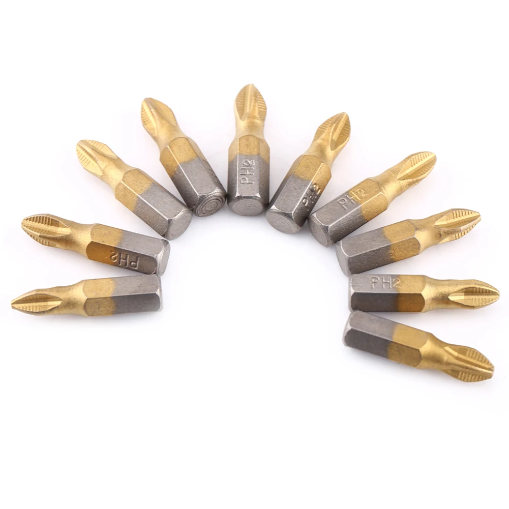 Titanium Coated 1/4"Hex Shank 25mm Length PH2 Antislip Magnetic  Screwdriver Bits Set PH2 Bit Magnetic Screwdriver Bit