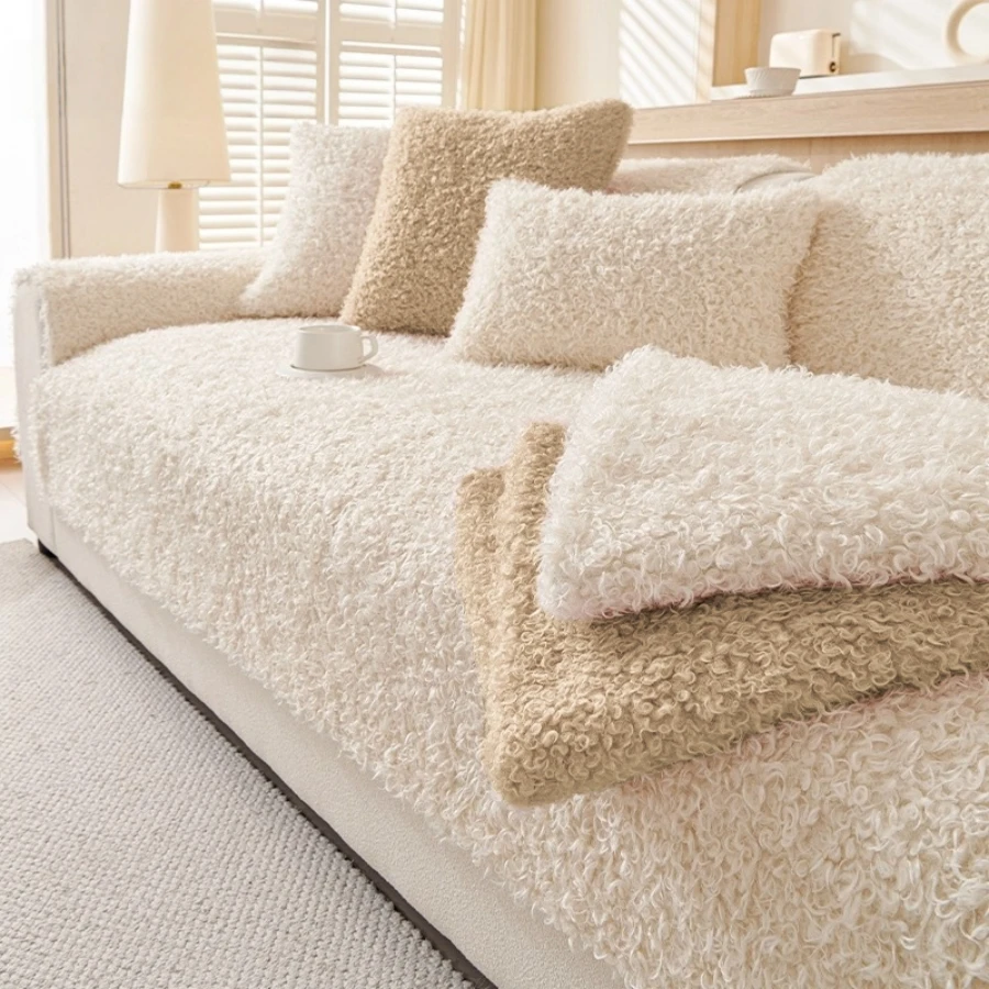 1pc Fluffy Plush Teddy Soft Warm Thicken Winter Sofa Cover, for Living Room Warm Furniture Decor Sofa Towel Slipcover Non-Slip