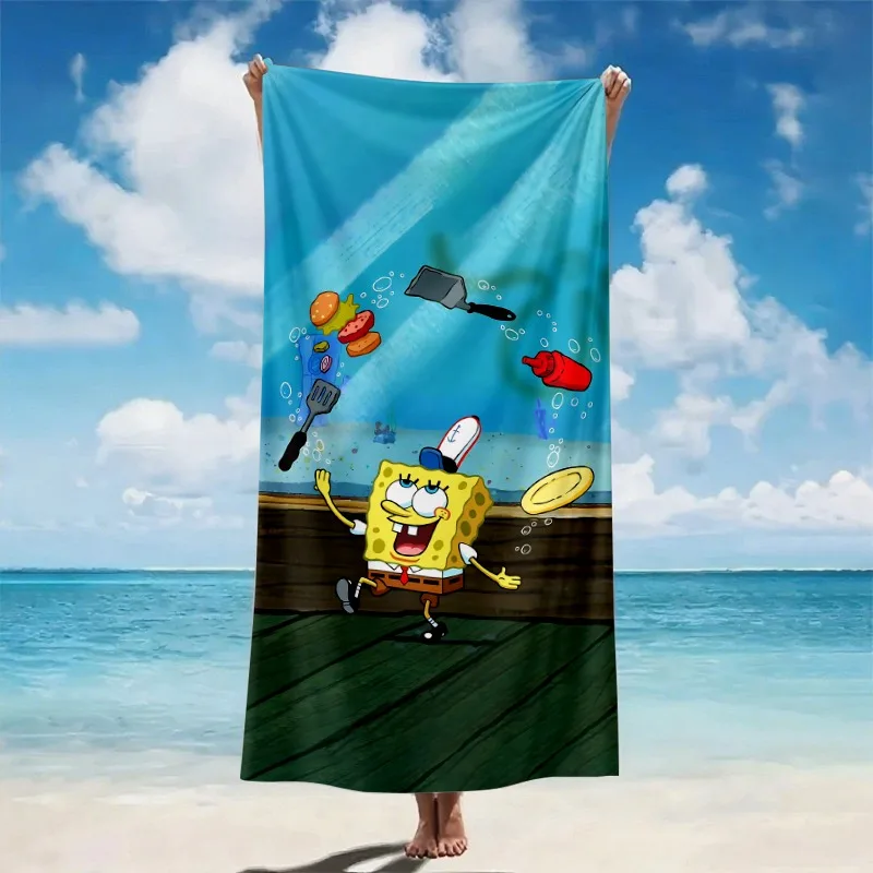 Toalla de playa de Bob Esponja con una vibrante escena submarina con utensilios de cocina voladores.