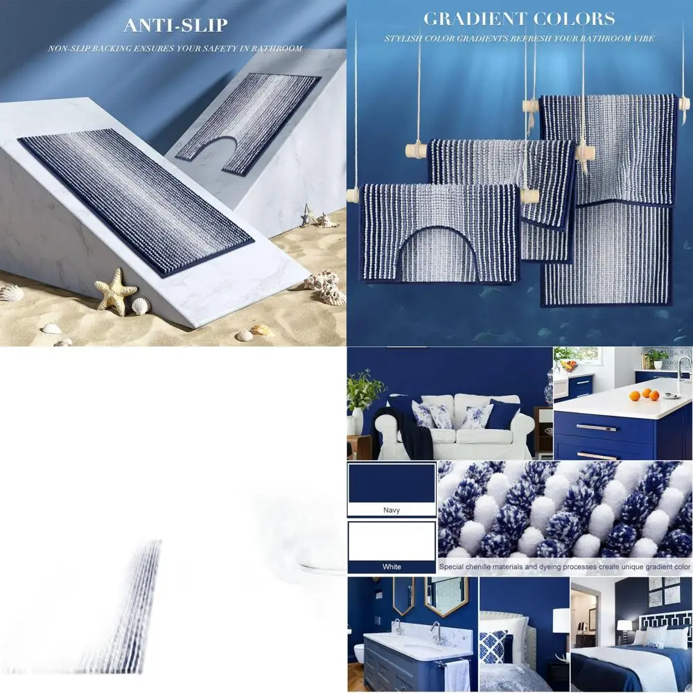 

3 Piece Bathroom Rug Set: Large U-Shaped Toilet Mat and Striped Shower Mat, Navy Blue