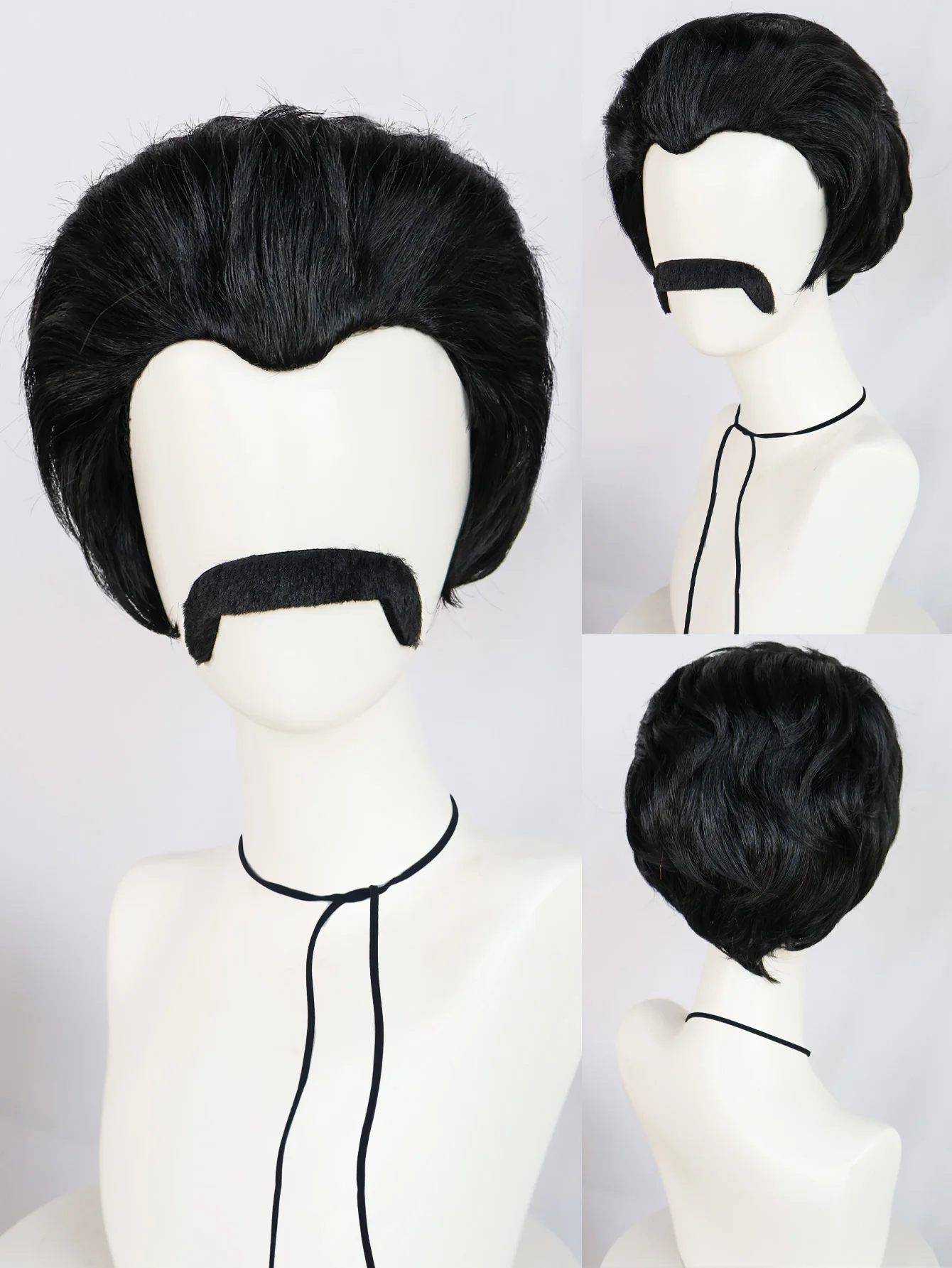 

Synthetic Black Retro Pompadour Wig with Mustache - Vintage 70s Disco Style for Men Cosplay, Halloween Themed Parties