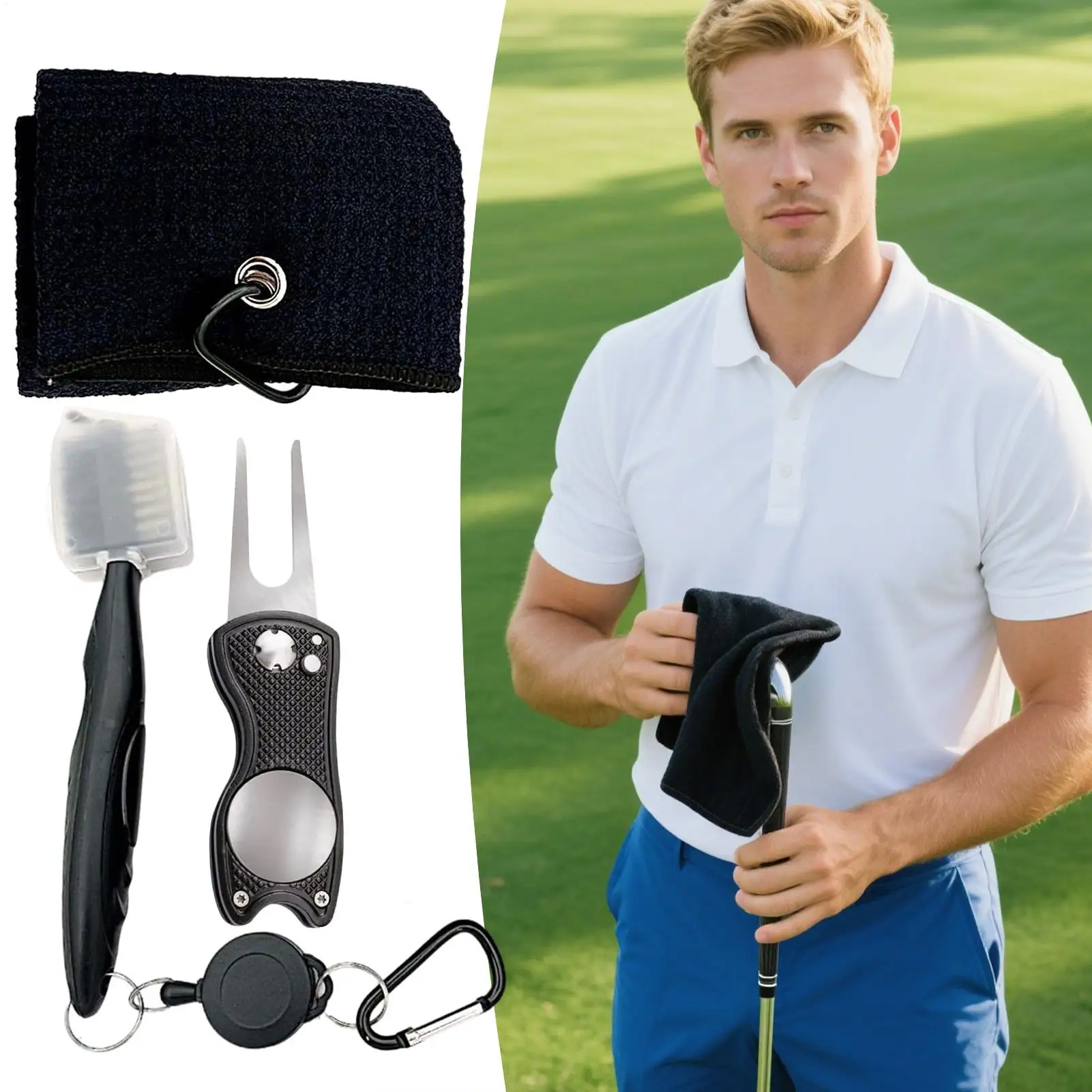 

Golf Club Cleaner Kit Golf Green Fork Divot Repair Tool Golf Club Double-sided Cleaning Brush Golf Cleaning Towel