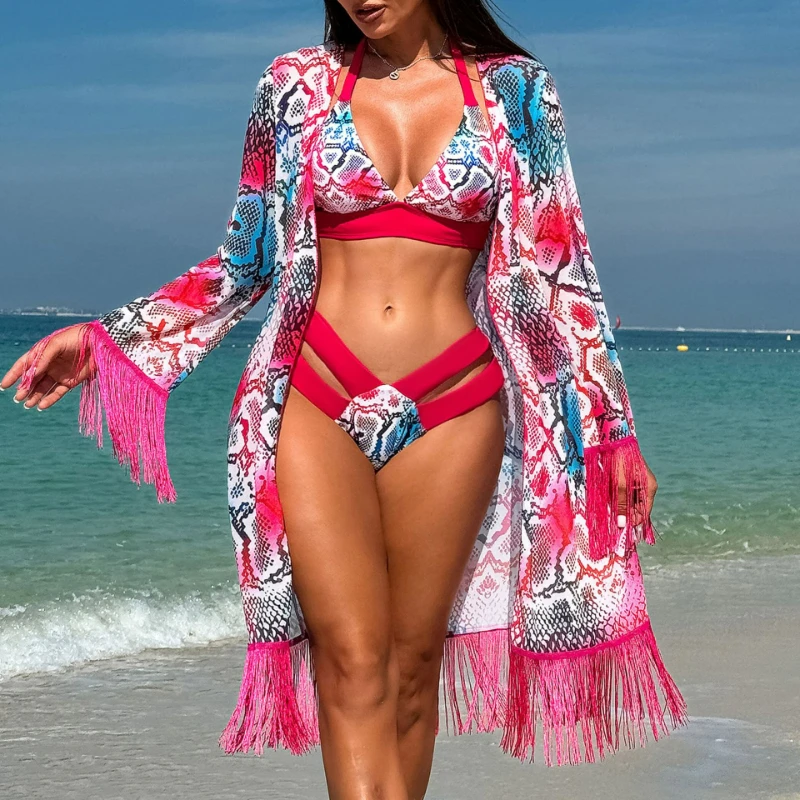 New Woman Sexy Swimsuit Three-Piece Bikinis Set Women 2025 Low Waist Backless Long Sleeves Halter Neck Push-up Summer Swimwear