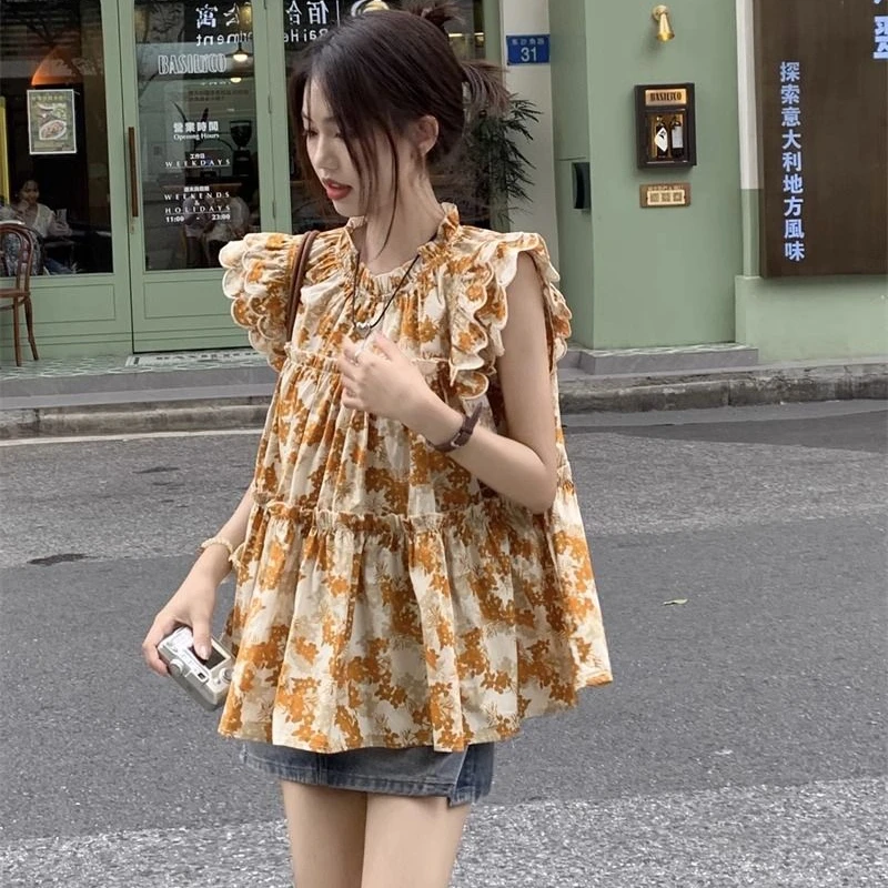 Flying Sleeve Floral Blouses Women Loose Sweet Vintage Summer Prairie Chic All-match Harajuku College Girls Fashion Casual Thin