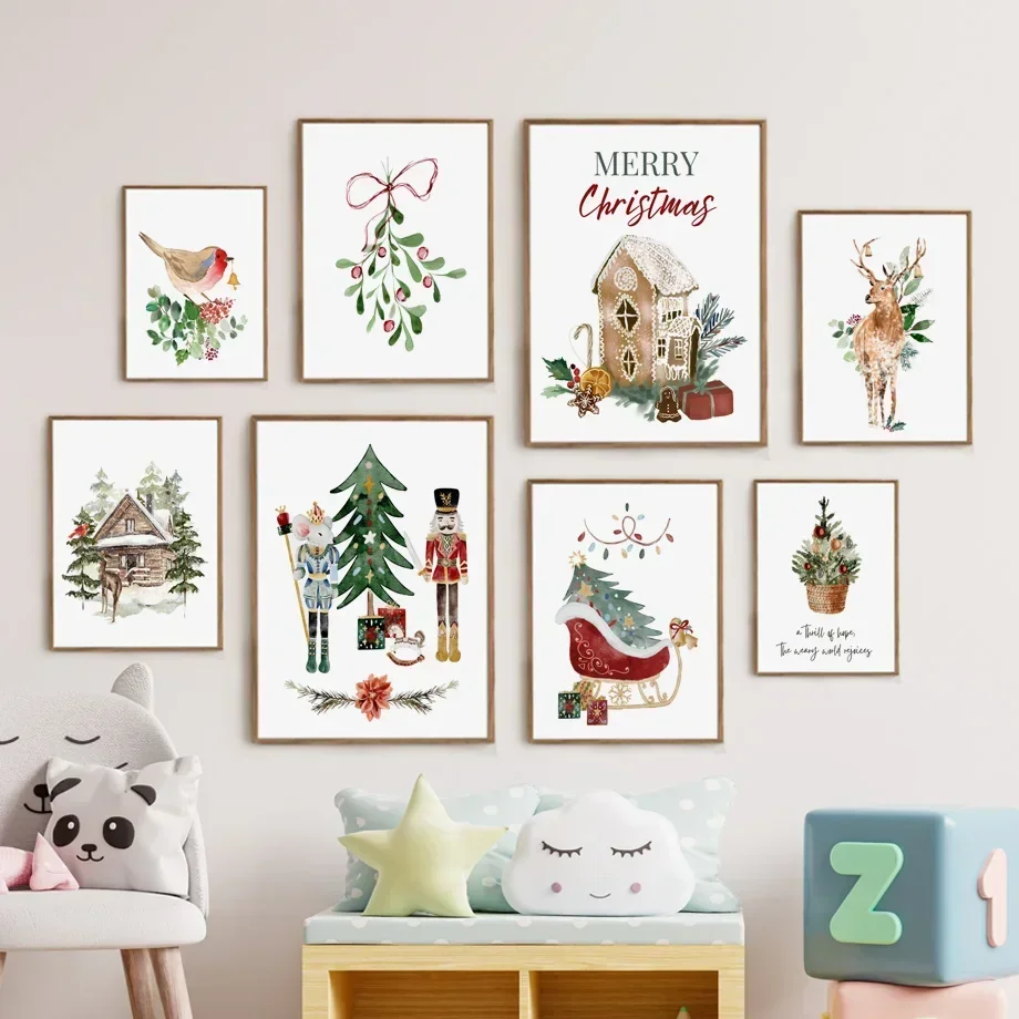 Merry Christmas Pine Tree Sleigh Nutcracker Snow House Fox Deer Bird Posters Of Wall Art Canvas Prints Wall Pictures Home Decor